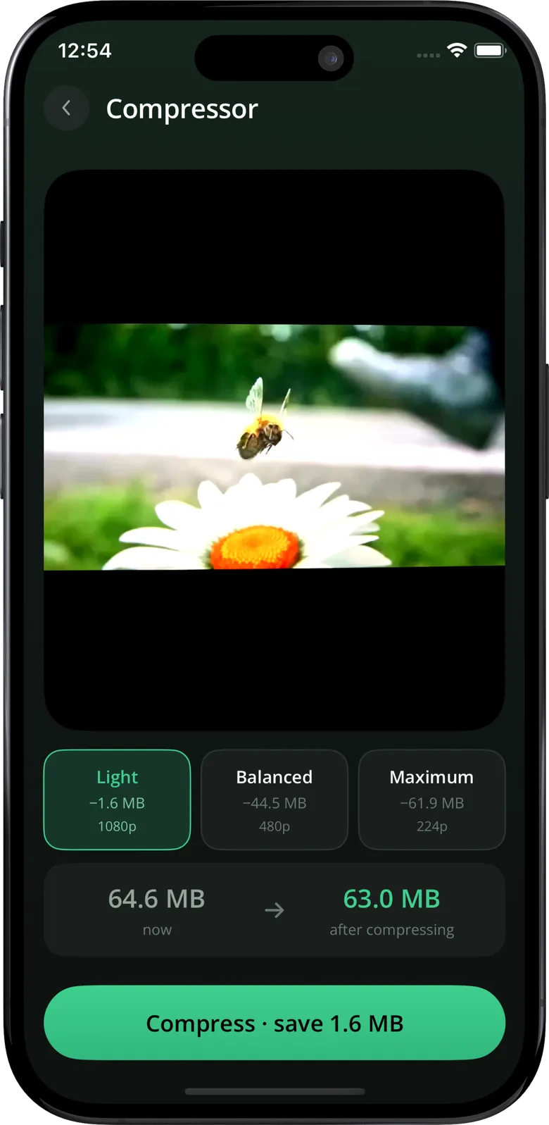 Compressor screen with Light, Balanced and Maximum options and the size after compressing