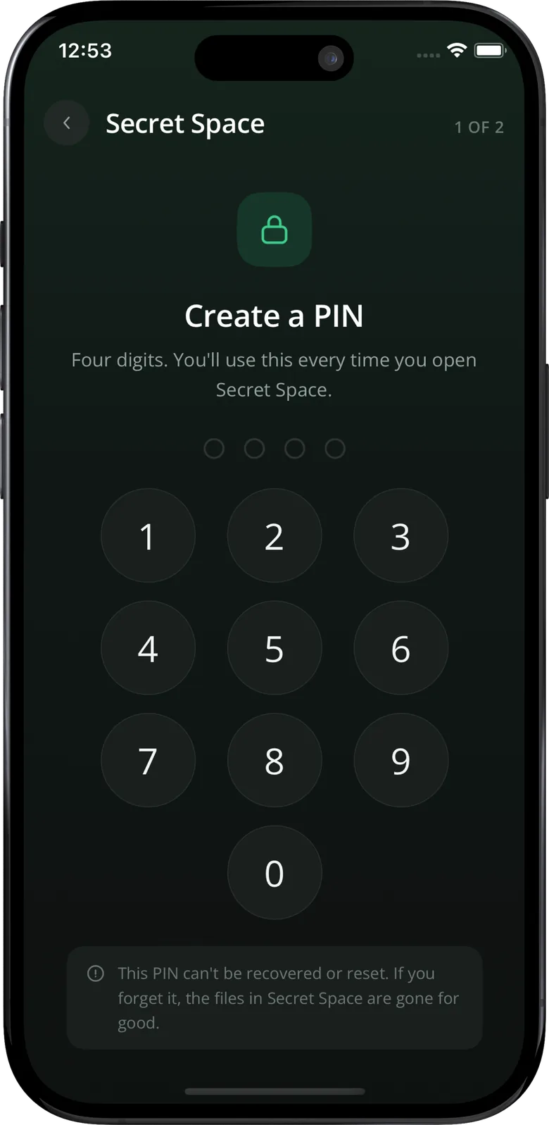 Secret Space setup screen asking to create a four-digit PIN
