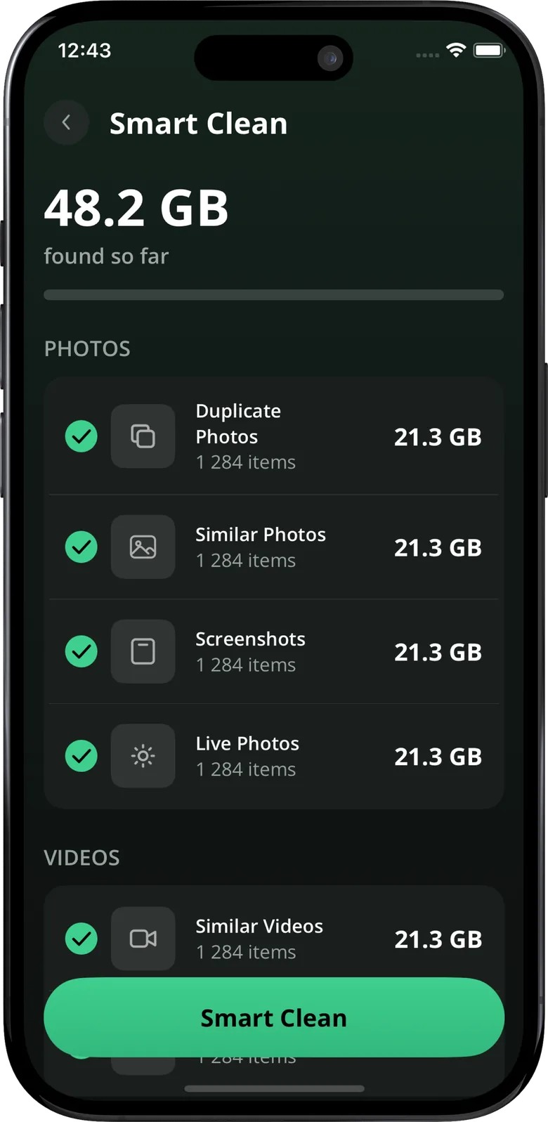 Smart Clean screen listing duplicate photos, similar photos, screenshots and Live Photos with sizes