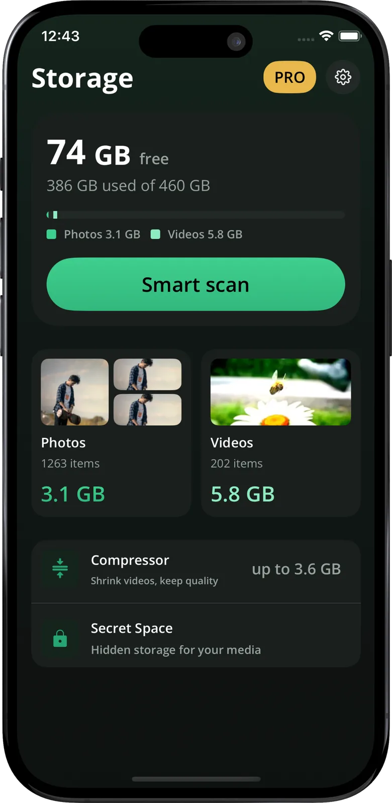 EasyClear storage screen showing 74 GB free and a Smart scan button